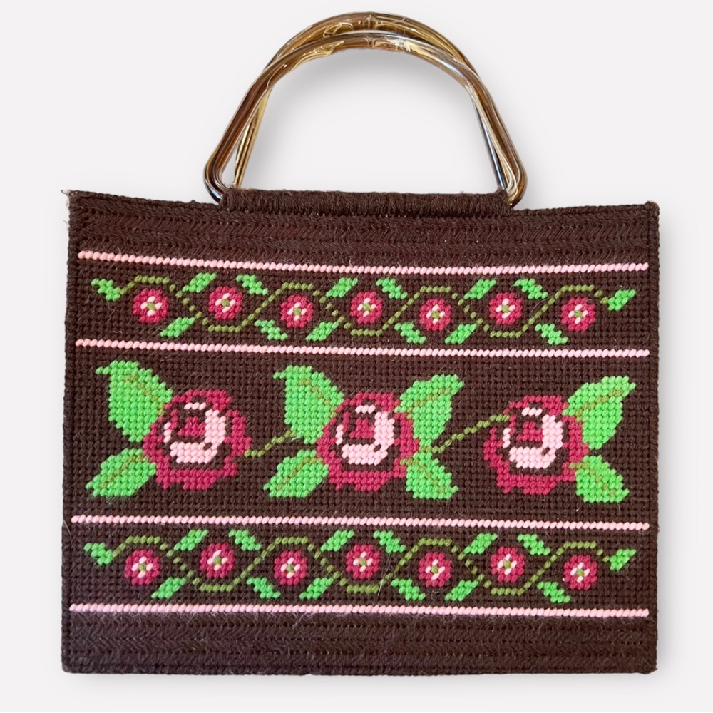 Vintage Handmade Needlepoint Rose Tote Bag Brown Pink Green